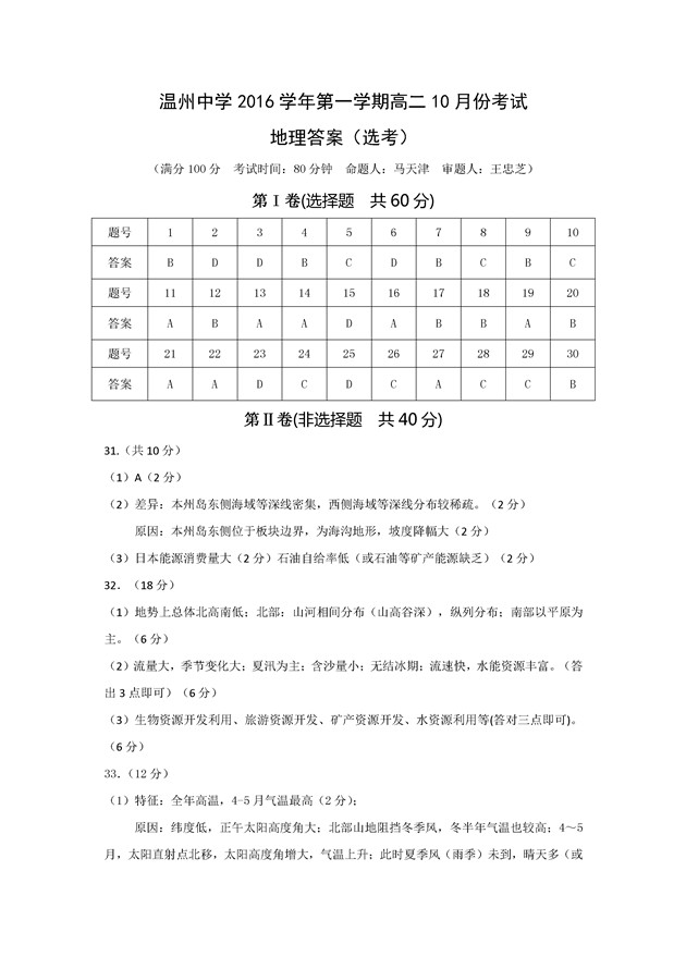 2016-2017年浙江温州中学高二10月月考地理试题及答案