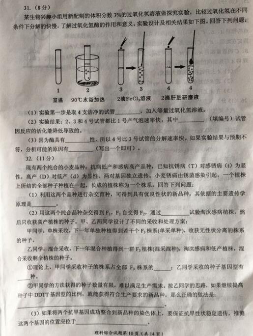 2017绵阳一诊理综试题及答案