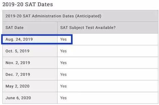 2017年8月亚洲没有SAT考场