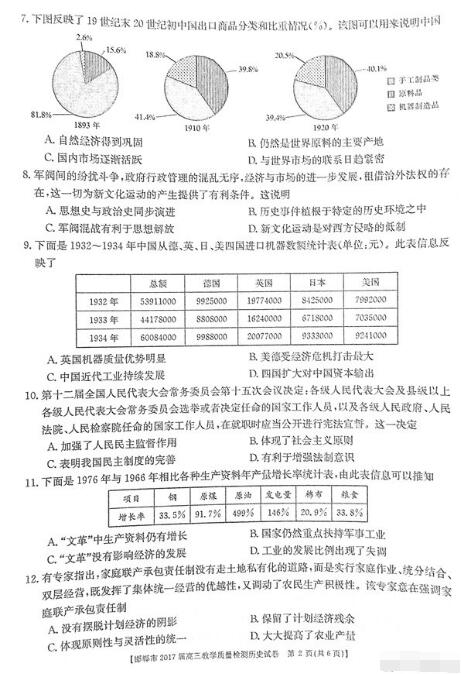 2017邯郸质检历史试题及答案