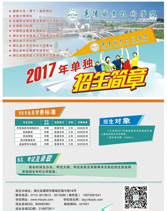 襄阳职业技术学院2017年单独招生简章