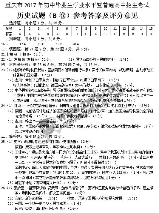 重庆2017中考历史答案b卷