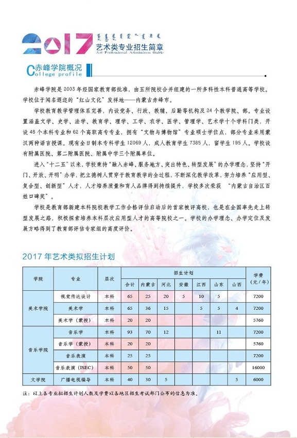 赤峰学院2017年艺术类招生简章