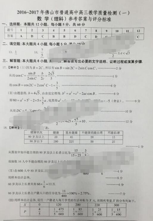 2017佛山一模理科数学试题及答案