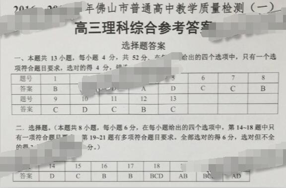 2017佛山一模理综试题及答案