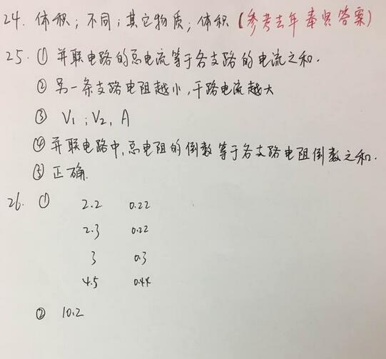 2017上海奉贤区初三一模物理答案