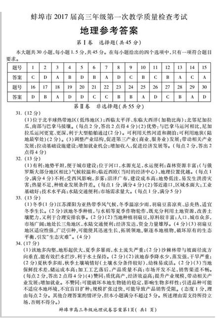 2017安徽省蚌埠市高三期末地理试题及答案