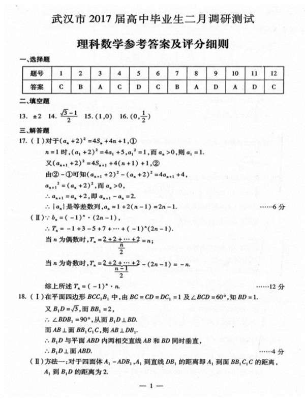 2017武汉二调理科数学试题及答案