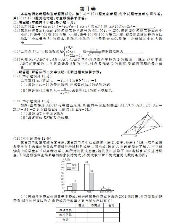 2017河北衡水中学全国高三大联考文科数学试题及答案