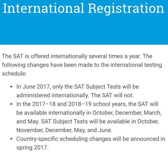 2017年6月11月SAT国际地区考试被取消