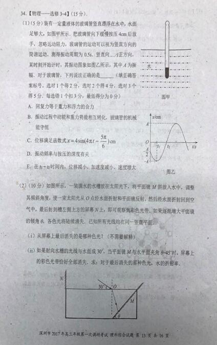 2017深圳一模理综试题
