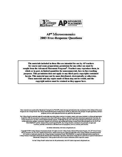 2003年AP微观经济学frq真题下载(PDF版)