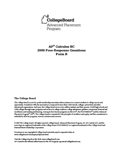 2009年AP微积分BC form B frq真题下载(PDF版)