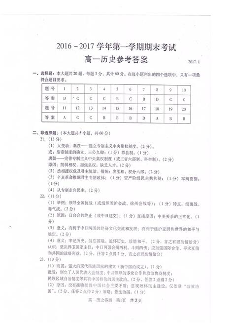 2016-2017江苏省苏州市高一期末历史试题及答案