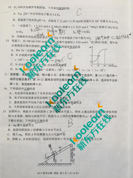 2017兰州一诊理综试题