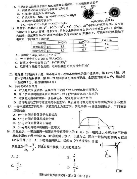 2017云南第一次统测理综试题及答案