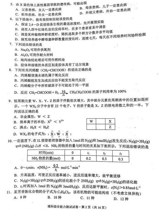 2017云南第一次统测理综试题及答案