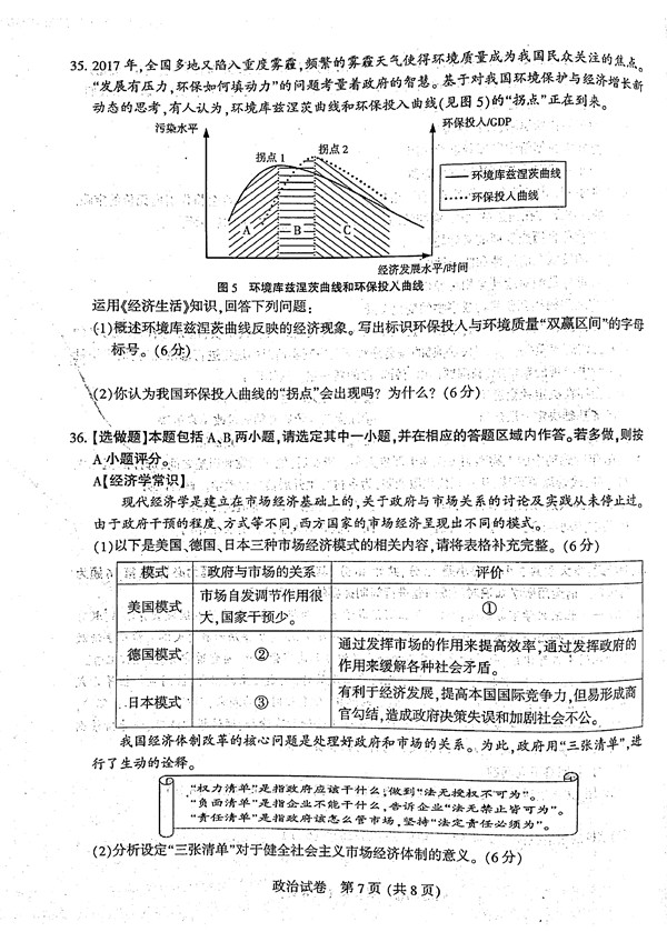 2017年3月江苏省六市高三第二次调研政治试题及答案