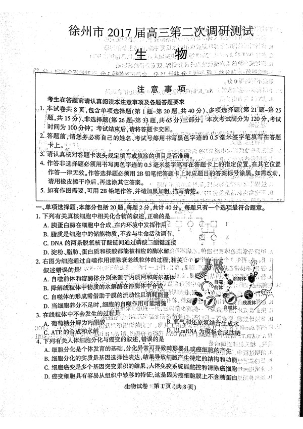 2017年3月江苏省六市高三第二次调研生物试题及答案