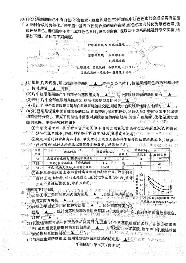 2017年3月江苏省六市高三第二次调研生物试题及答案