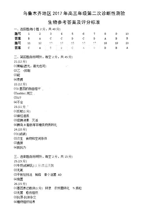 2017乌鲁木齐二诊生物答案