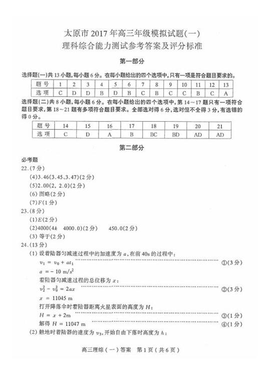 2017太原一模理综试题及答案