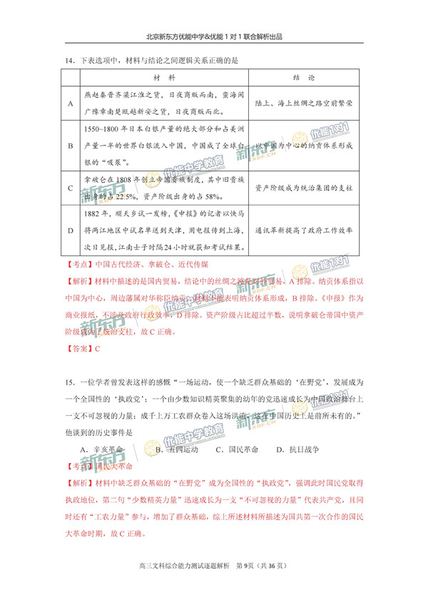 2017北京朝阳区高三一模文综试题答案解析