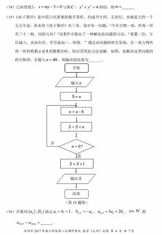 2017深圳二模文科数学试题及答案