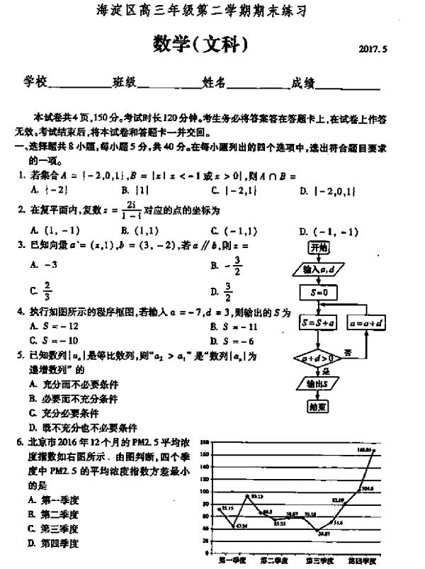 2017北京海淀区高三二模文科数学试题及答案