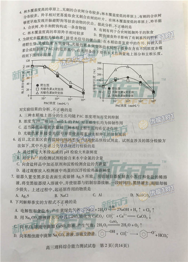 2017北京海淀区高三二模理综试题及答案