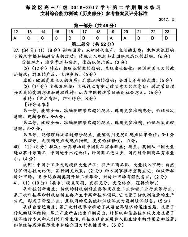 2017北京海淀区高三二模文综试题及答案