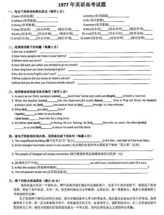 恢复高考40周年 1977年高考试题都考了啥