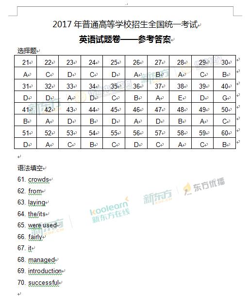 2017青海高考英语答案