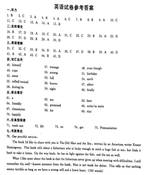 浙江金华2017中考英语试题及答案