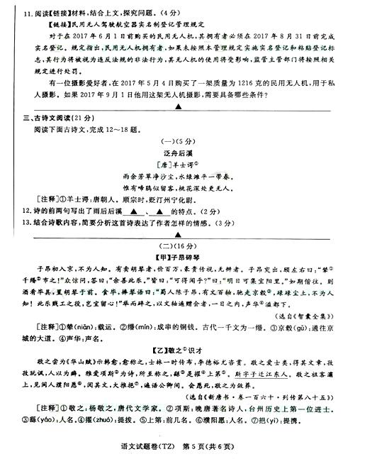 浙江台州2017中考语文试题及答案