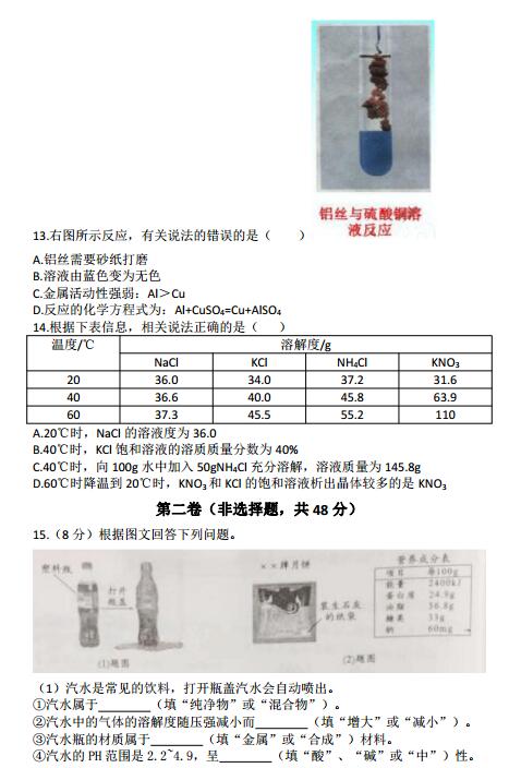 四川成都2017中考化学试题及答案