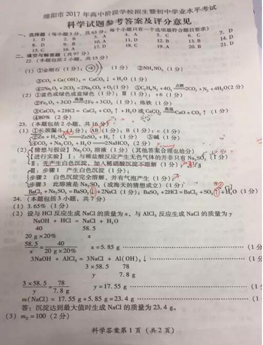 四川绵阳2017中考化学试题及答案
