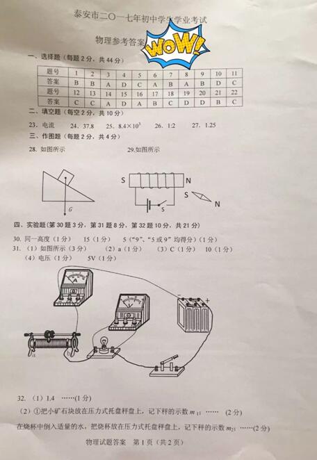 山东泰安2017中考物理试题及答案