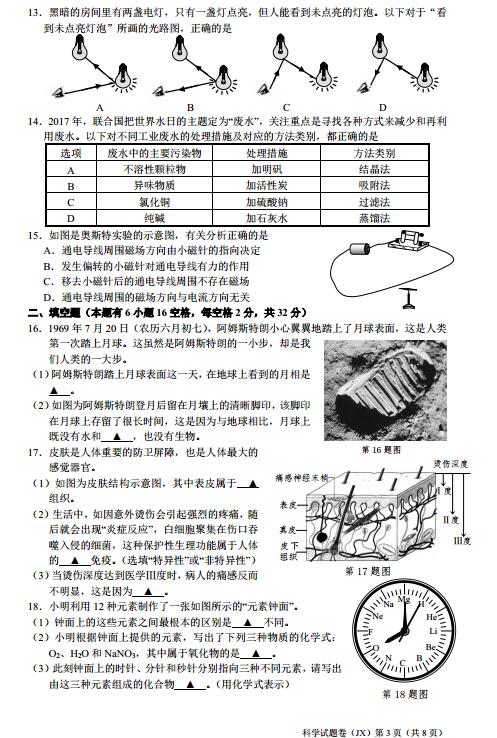 浙江嘉兴2017中考科学试题及答案