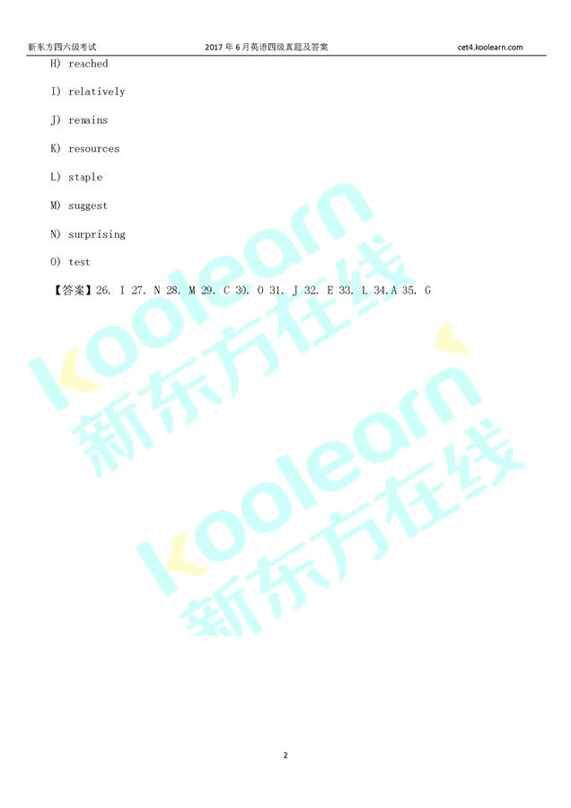2017年6月英语四级选词填空试题答案(高清版) 2017年6月英语四级选词填空试题答案(高清版)