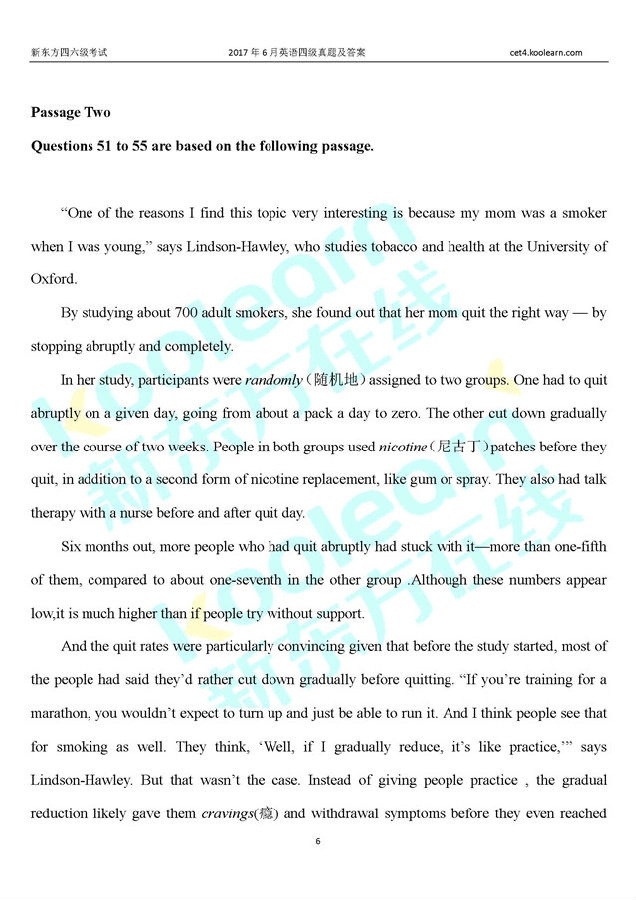 大学英语四级试题答案出炉(2017年6月版) 大学英语四级试题答案出炉(2017年6月版)