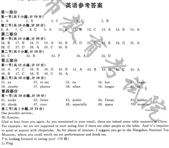 浙江杭州2017中考英语试题及答案