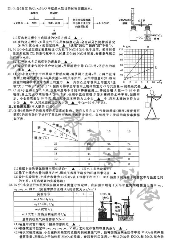 浙江杭州2017中考科学试题及答案