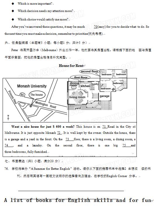 浙江舟山2017中考英语试题及答案
