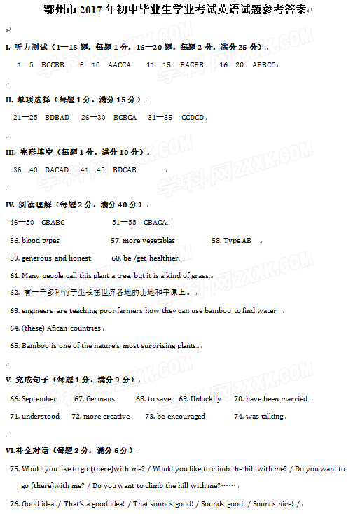 湖北鄂州2017中考英语试题及答案