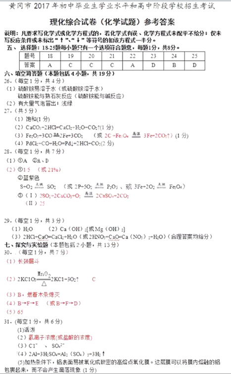 湖北黄冈2017中考化学试题及答案