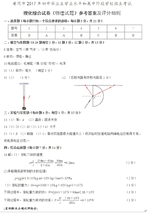 湖北黄冈2017中考物理试题及答案