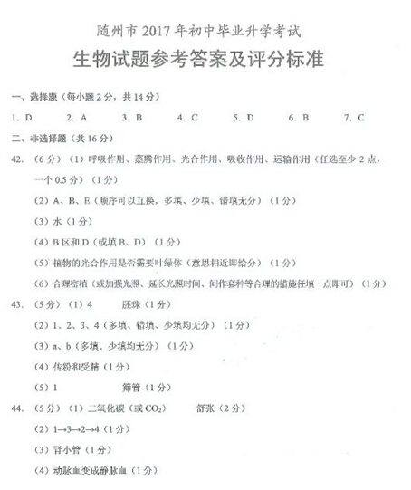 湖北随州2017中考生物试题及答案