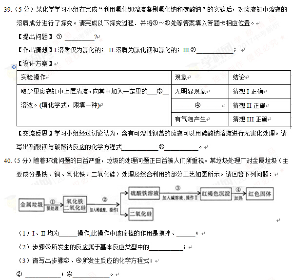 湖北黄石2017中考化学试题及答案