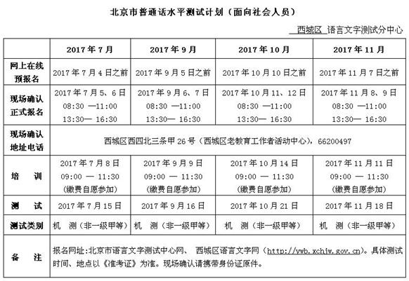 2017北京普通话水平测试(机测)测试计划(7—12月)